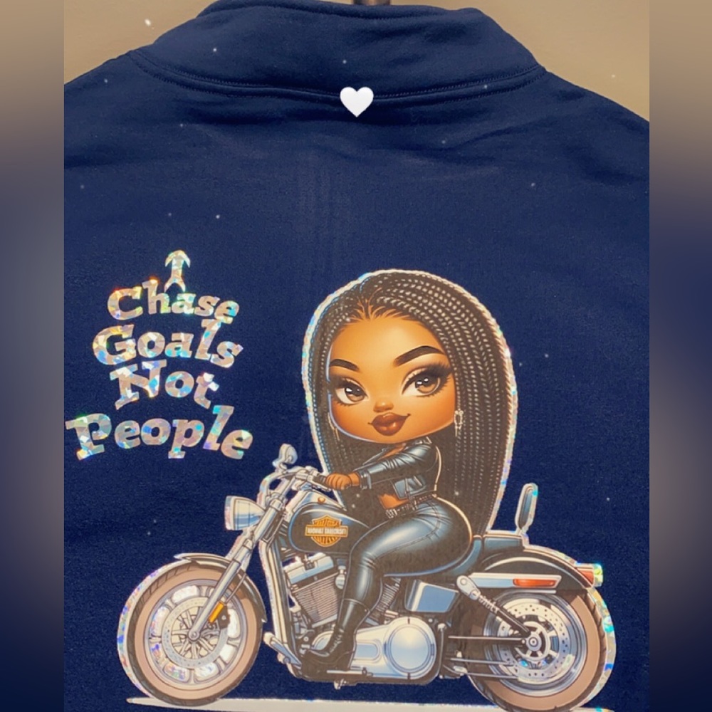 I chase goals not people long with Betty Boop on a motorcycle chasing goals.